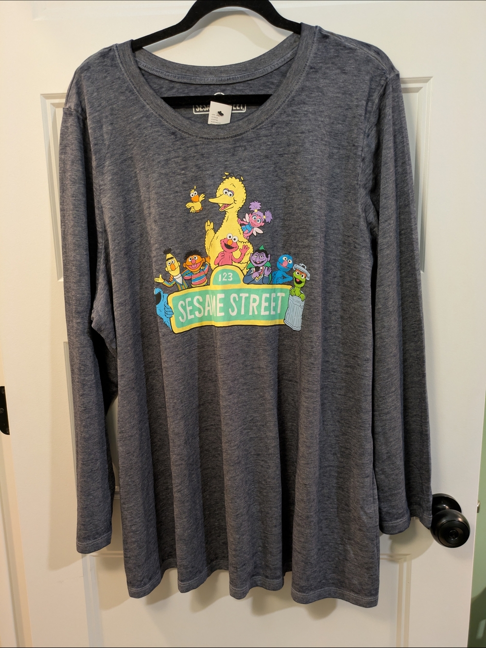 Sesame Street Long Sleeve Tee with Colorful Character Graphic - Heather Gray